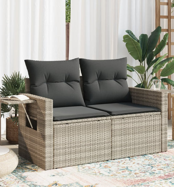 Gartensofa mit Kissen 2-Sitzer Hellgrau Poly Rattan