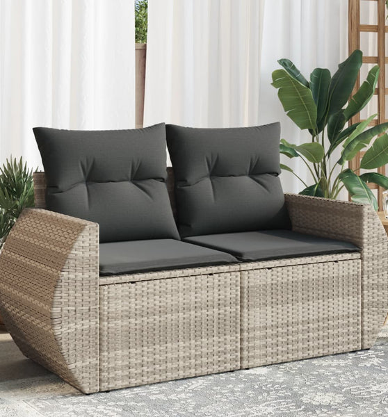 Gartensofa mit Kissen 2-Sitzer Hellgrau Poly Rattan