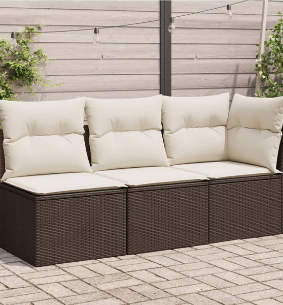 Gartensofa mit Kissen 3-Sitzer Braun Poly Rattan