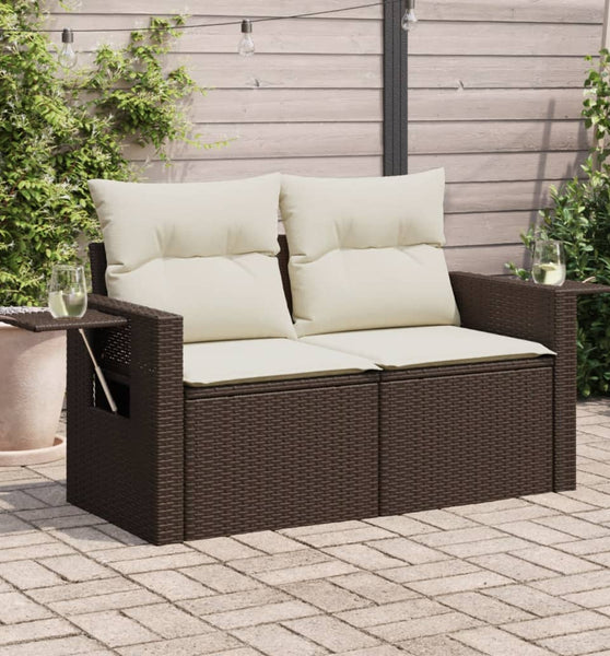 Gartensofa mit Kissen 2-Sitzer Braun Poly Rattan