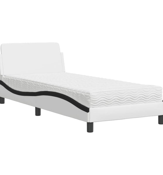 Bett mit Matratze Weiß und Schwarz 90x190 cm Kunstleder
