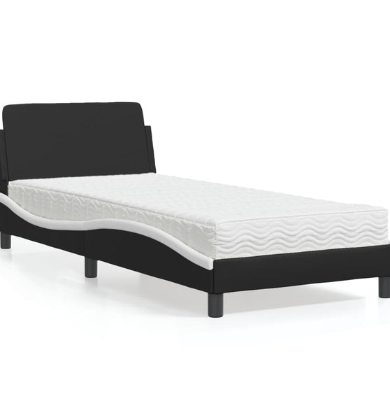 Bett mit Matratze Schwarz und Weiß 90x200 cm Kunstleder