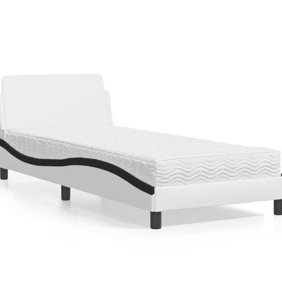 Bett mit Matratze Weiß und Schwarz 90x200 cm Kunstleder