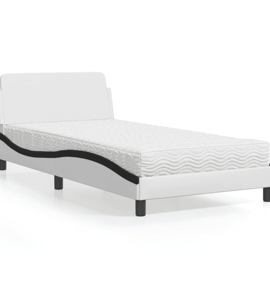 Bett mit Matratze Weiß und Schwarz 100x200 cm Kunstleder