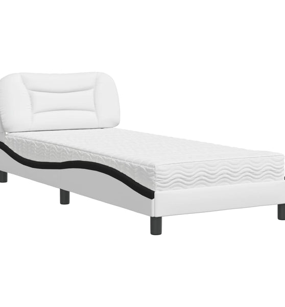 Bett mit Matratze Weiß und Schwarz 90x190 cm Kunstleder