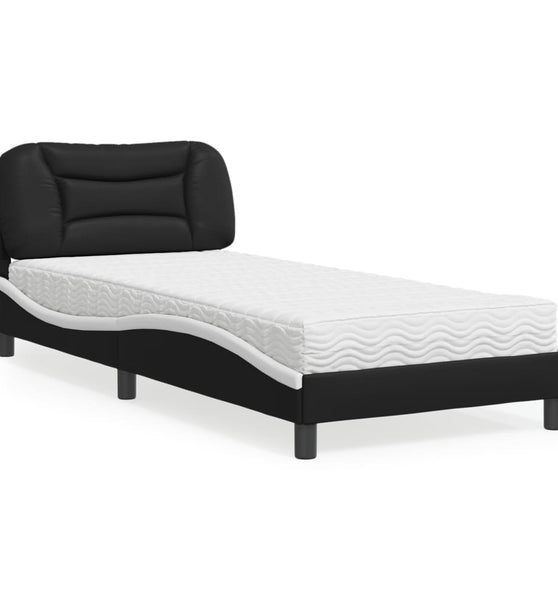 Bett mit Matratze Schwarz und Weiß 90x200 cm Kunstleder