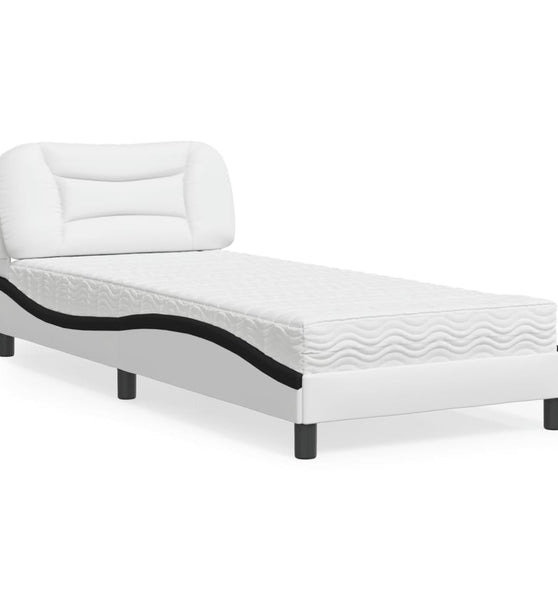 Bett mit Matratze Weiß und Schwarz 90x200 cm Kunstleder