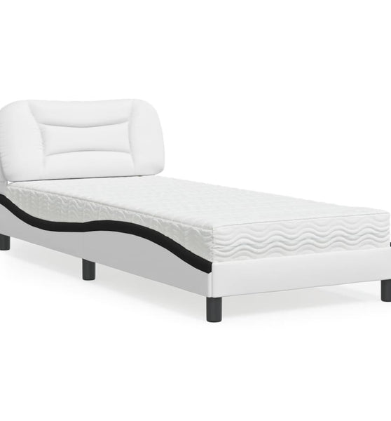 Bett mit Matratze Weiß und Schwarz 90x200 cm Kunstleder