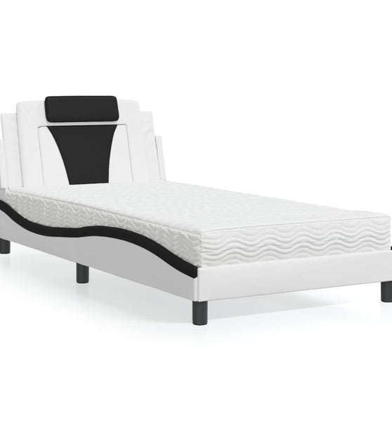 Bett mit Matratze Weiß und Schwarz 100x200 cm Kunstleder