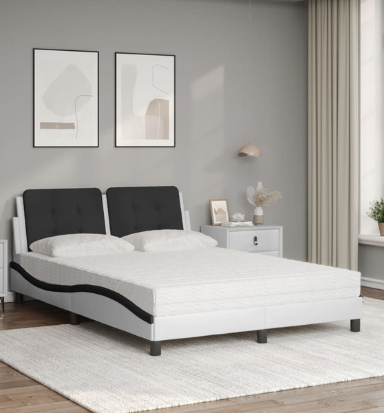 Bett mit Matratze Weiß und Schwarz 140x190 cm Kunstleder