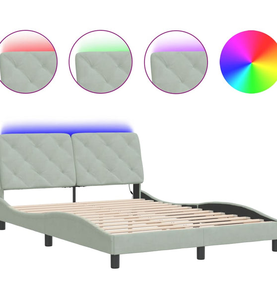 Bettgestell mit LED-Leuchten Hellgrau 140x200 cm Samt