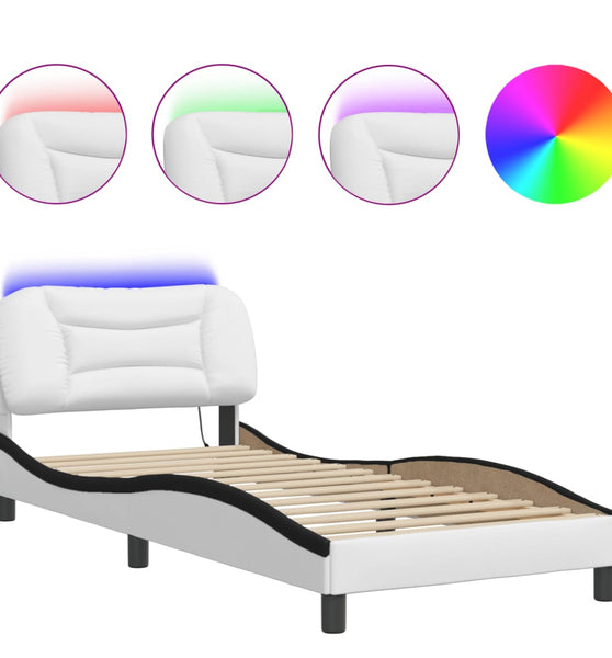 Bettgestell mit LED Weiß und Schwarz 90x190 cm Kunstleder