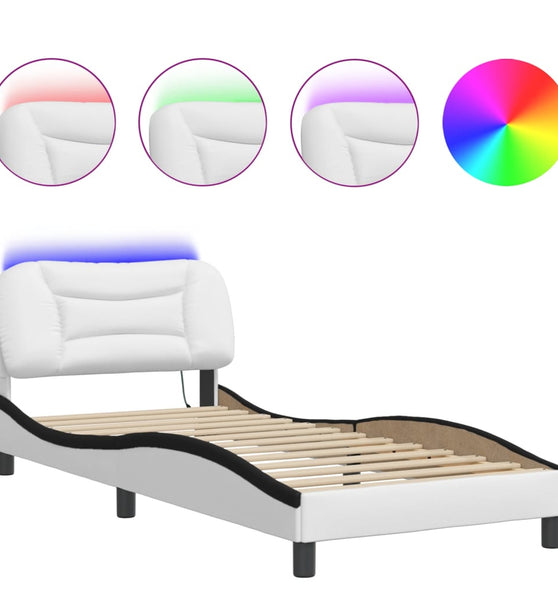 Bettgestell mit LED Weiß und Schwarz 90x200 cm Kunstleder
