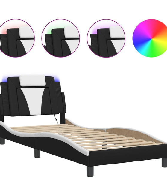 Bettgestell mit LED Schwarz und Weiß 80x200 cm Kunstleder