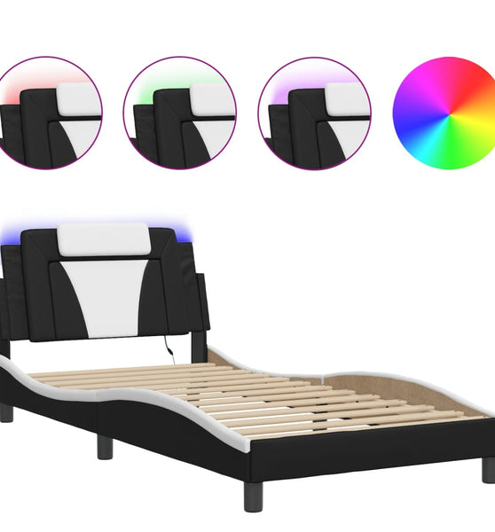 Bettgestell mit LED Schwarz und Weiß 100x200 cm Kunstleder