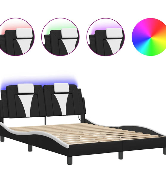 Bettgestell mit LED Schwarz und Weiß 120x200 cm Kunstleder