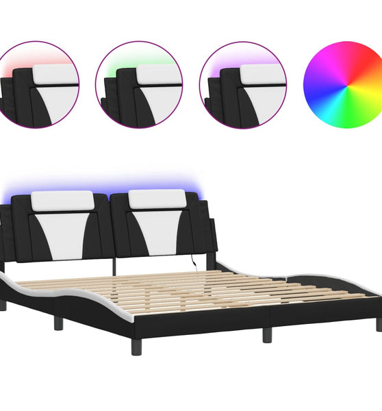 Bettgestell mit LED Schwarz und Weiß 180x200 cm Kunstleder