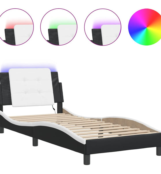 Bettgestell mit LED Schwarz und Weiß 90x200 cm Kunstleder