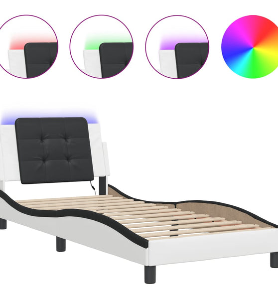 Bettgestell mit LED Weiß und Schwarz 90x200 cm Kunstleder