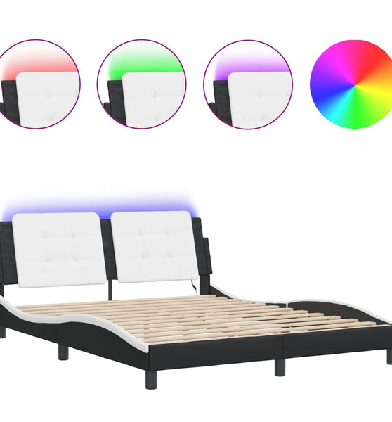 Bettgestell mit LED Schwarz und Weiß 160x200 cm Kunstleder