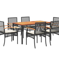 7-tlg. Garten-Essgruppe mit Kissen Schwarz Poly Rattan
