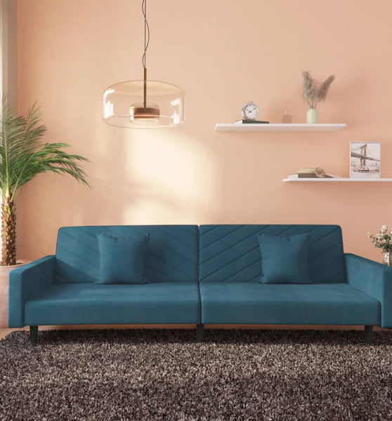 Schlafsofa 2-Sitzer mit 2 Kissen Blau Samt