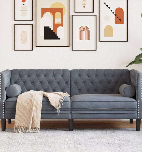 Chesterfield-Sofa mit Nackenrollen 2-Sitzer Dunkelgrau Samt