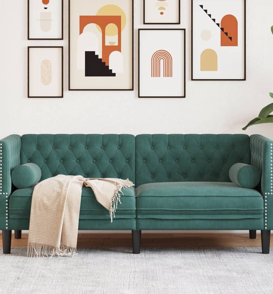 Chesterfield-Sofa mit Nackenrollen 2-Sitzer Dunkelgrün Samt