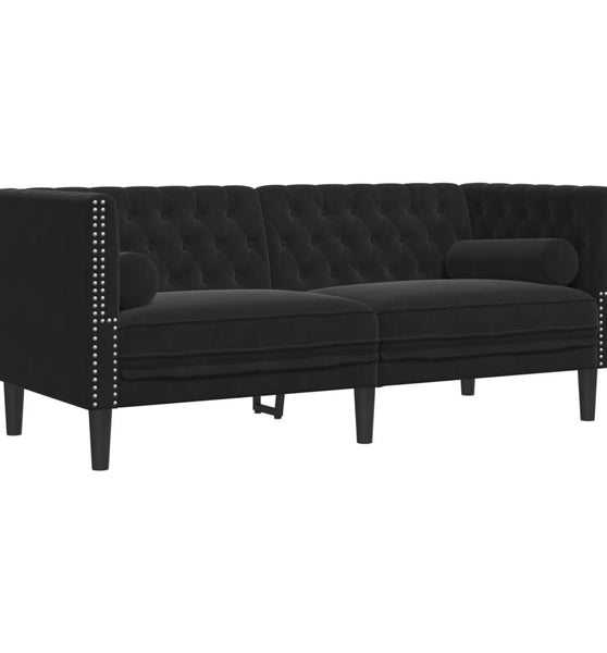 Chesterfield-Sofa mit Nackenrollen 2-Sitzer Schwarz Samt