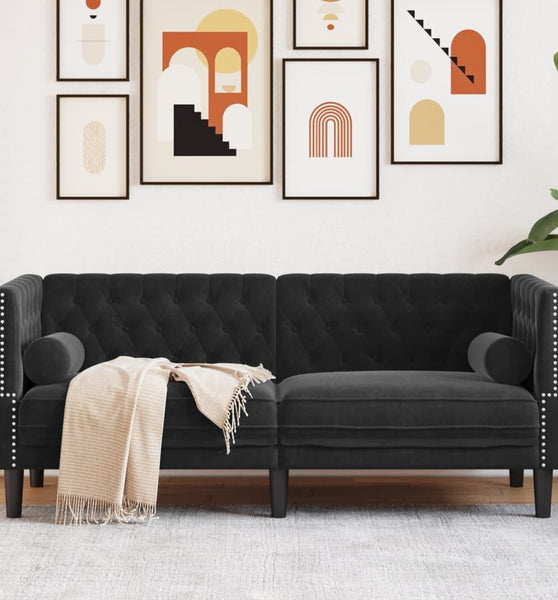 Chesterfield-Sofa mit Nackenrollen 2-Sitzer Schwarz Samt