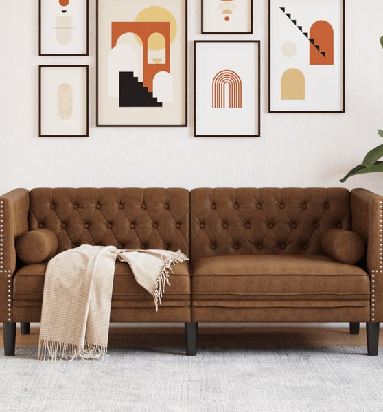 Chesterfield-Sofa 2-Sitzer Braun Kunstleder in Wildleder-Optik