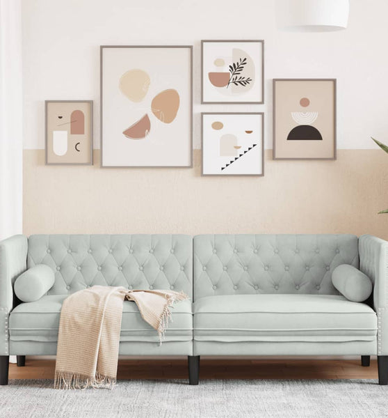 Chesterfield-Sofa mit Nackenrollen 3-Sitzer Hellgrau Samt