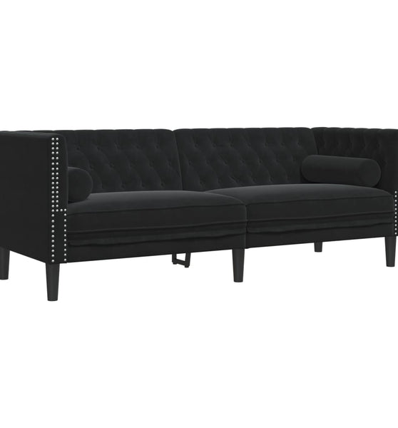 Chesterfield-Sofa mit Nackenrollen 3-Sitzer Schwarz Samt