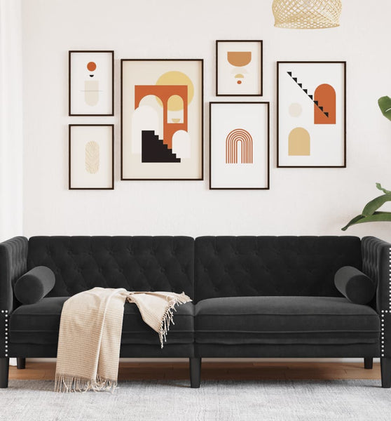 Chesterfield-Sofa mit Nackenrollen 3-Sitzer Schwarz Samt