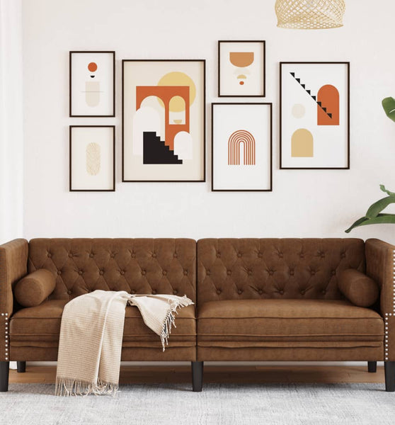 Chesterfield-Sofa 3-Sitzer Braun Kunstleder in Wildleder-Optik