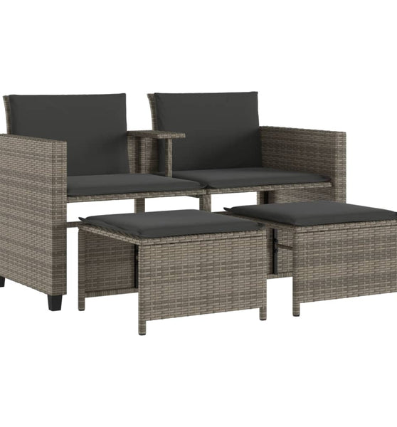 Gartensofa 2-Sitzer mit Tisch und Hockern Grau Poly Rattan