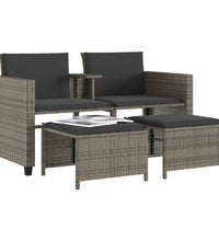Gartensofa 2-Sitzer mit Tisch und Hockern Grau Poly Rattan