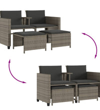 Gartensofa 2-Sitzer mit Tisch und Hockern Grau Poly Rattan