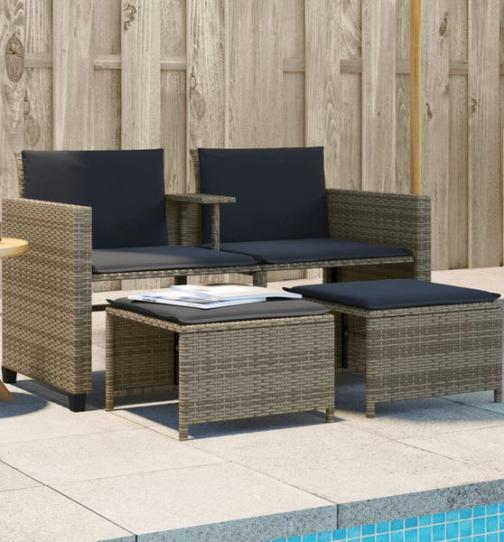 Gartensofa 2-Sitzer mit Tisch und Hockern Grau Poly Rattan