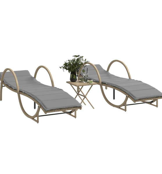 Sonnenliegen 2 Stk. mit Tisch Beige Poly Rattan