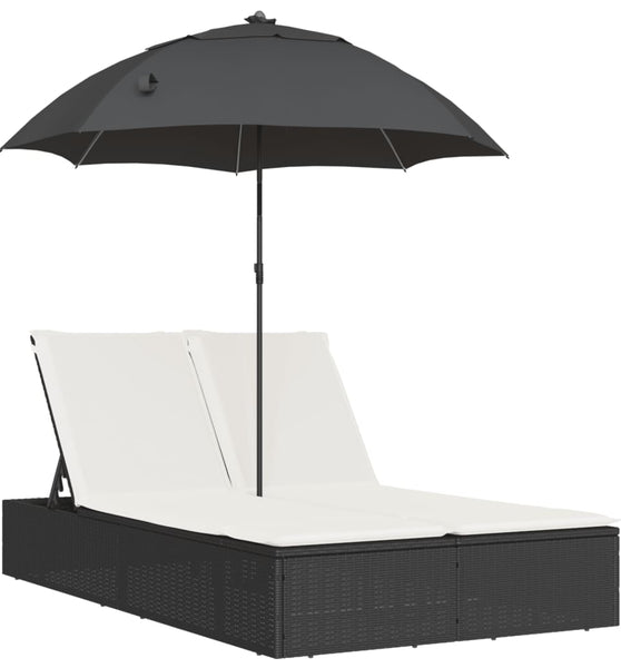 Doppel-Sonnenliege mit Kissen&Sonnenschirm Schwarz Poly Rattan