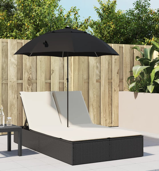 Doppel-Sonnenliege mit Kissen&Sonnenschirm Schwarz Poly Rattan