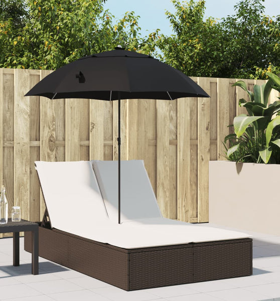 Doppel-Sonnenliege mit Kissen & Sonnenschirm Braun Poly Rattan