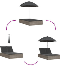 Doppel-Sonnenliege mit Kissen & Sonnenschirm Grau Poly Rattan