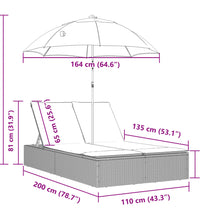 Doppel-Sonnenliege mit Kissen & Sonnenschirm Grau Poly Rattan