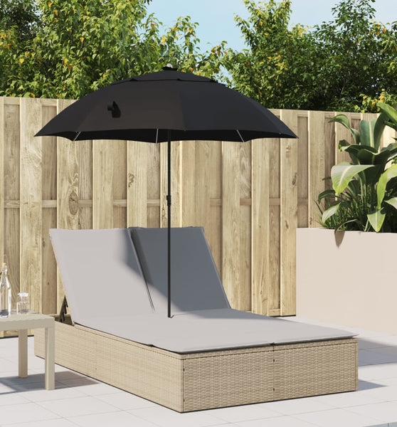 Doppel-Sonnenliege mit Kissen & Sonnenschirm Beige Poly Rattan