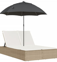 Doppel-Sonnenliege mit Kissen & Sonnenschirm Beige Poly Rattan