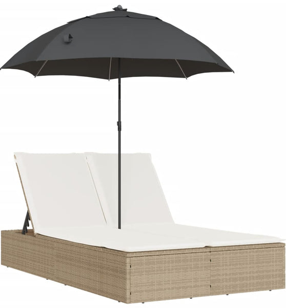 Doppel-Sonnenliege mit Kissen & Sonnenschirm Beige Poly Rattan