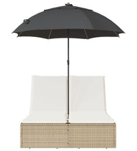 Doppel-Sonnenliege mit Kissen & Sonnenschirm Beige Poly Rattan