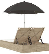 Doppel-Sonnenliege mit Kissen & Sonnenschirm Beige Poly Rattan